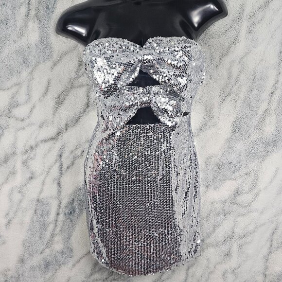 Dolls Kill Dresses & Skirts - Dolls Kill Mable Small Double Bow Cutout Silver Sequin MiniDress